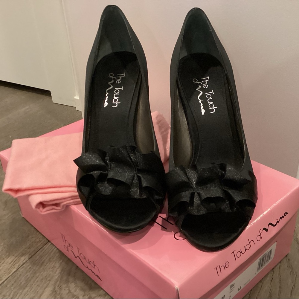 Like new black satin peep toe heels with ruffle